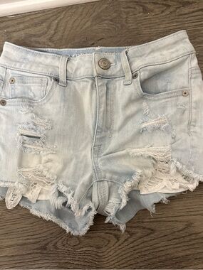 American Eagle Outfitters Light Blue Distressed Lace-Trim Jean Shorts